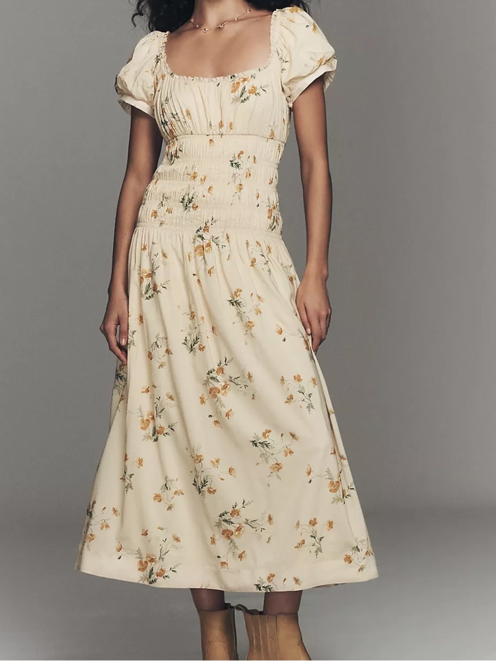 Reformation butter yellow Floral Puff-Sleeve Midi Dress